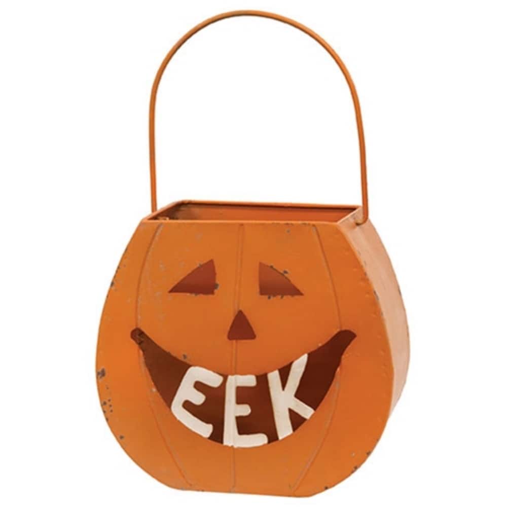 Orange Metal Jack O’ Lantern Luminary with Swing Handle Decor - 7.75 x 4 x 7 in.