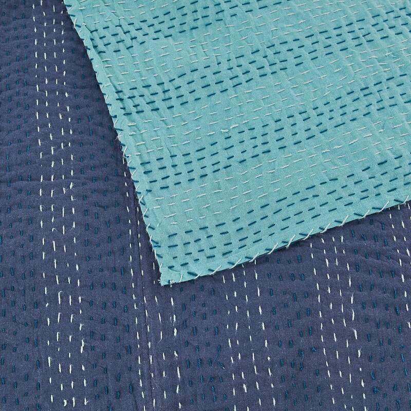Melange Hand Stitched Kantha Reversible Navy/Turquoise Coverlets and Shams