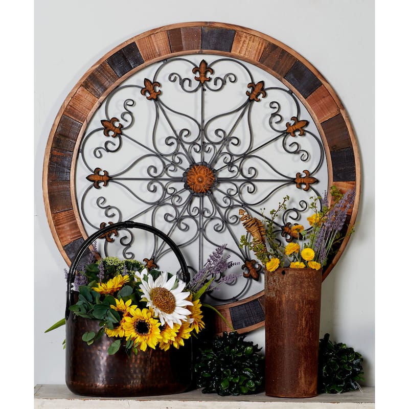 Brown Wood Medallion Scroll Home Wall Decor with Metal Fleur-De-Lis Detail