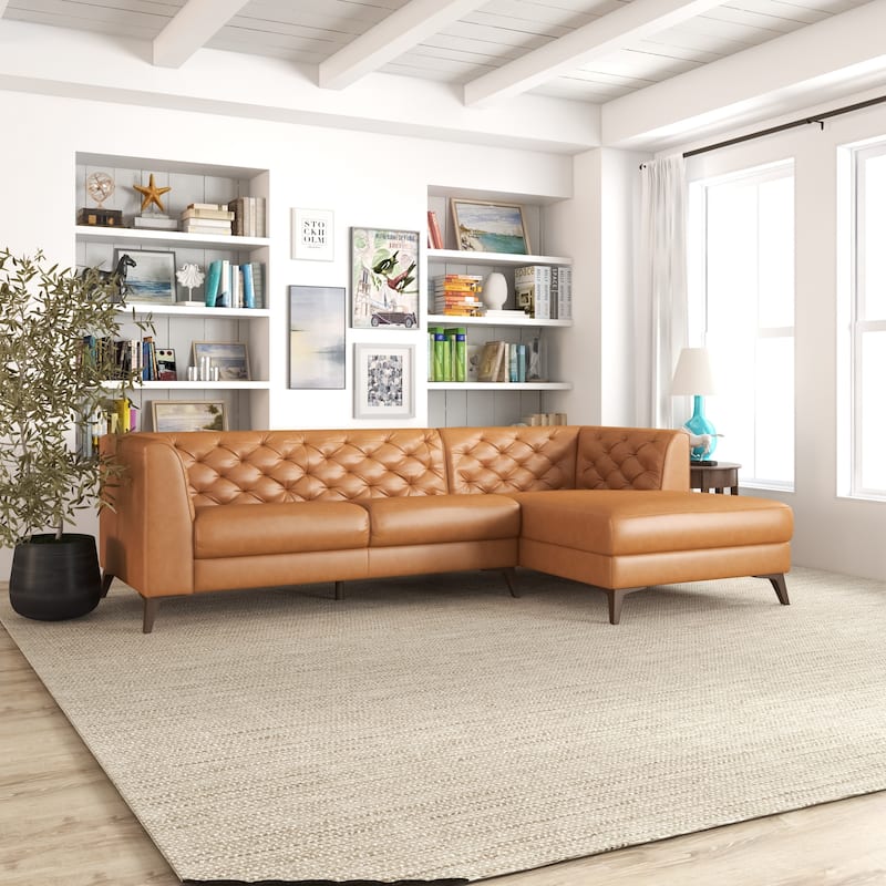 Florentina Modern Chesterfield Tufted Living Room Top Leather Corner Sectional Sofa in Cognac Tan