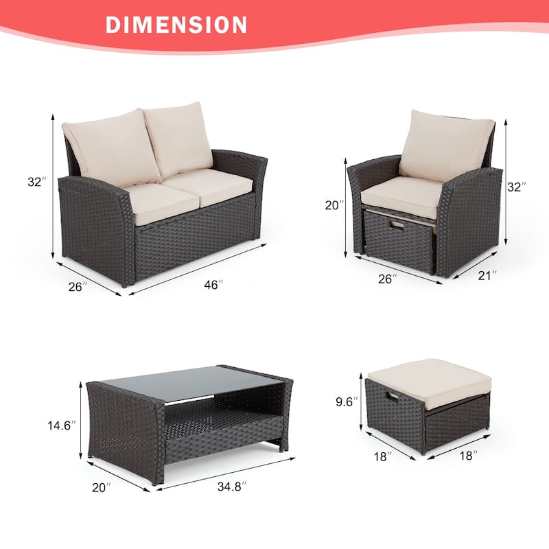 6-Piece Outdoor Sectional Sofa Set, PE Wicker Patio Furniture with Storage Coffee Table & Ottoman, Cushions, for Garden