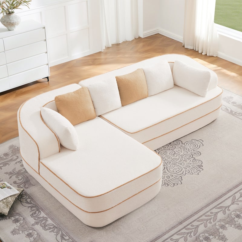 Teddy Fabric Contrast Sofa for Living Room, Upholstered Sectional Couch with L-Shaped Chaise, Boneless Couch with Throw Pillows