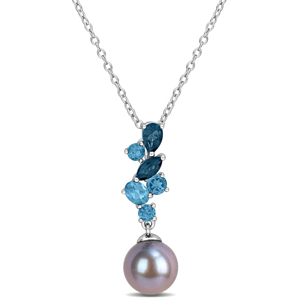 Miadora Black Cultured Freshwater Pearl and London Blue Topaz Necklace Sterling Silver