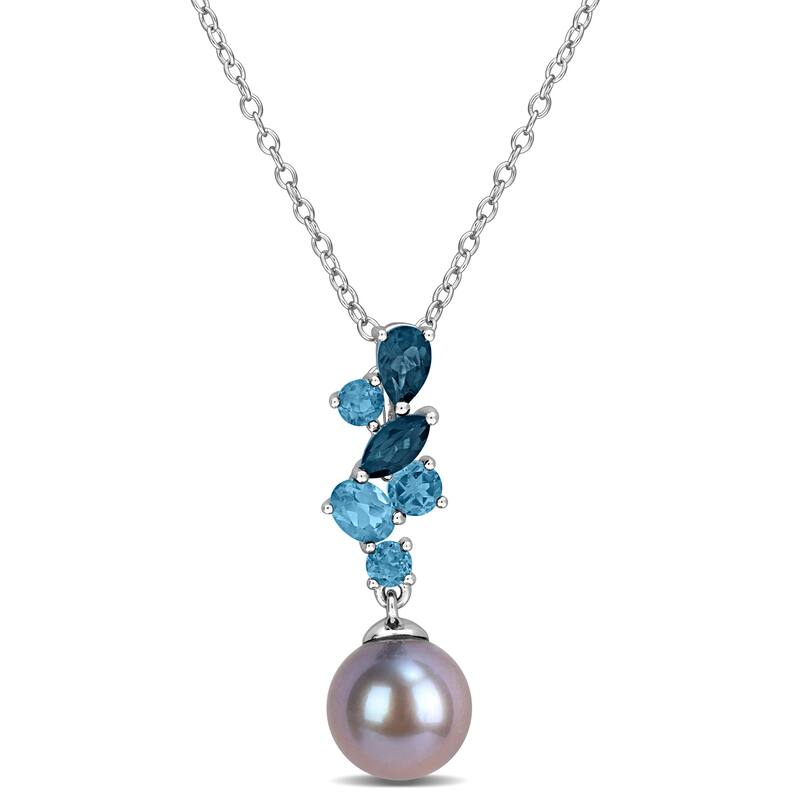 Miadora Black Cultured Freshwater Pearl and London Blue Topaz Necklace Sterling Silver