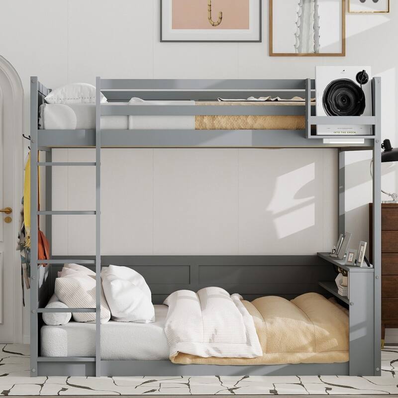 Queen size Wooden Bunk Bed with Built-in Shelves and LED Light, USB Charging Station for Living Room