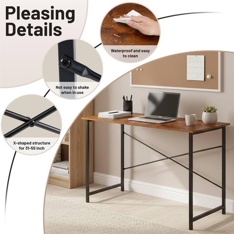 Computer Desk, 40-63 Inch Home Office Desk, Gaming Writing Work from Home Study Desk, Large Legroom, Sturdy Metal Frame