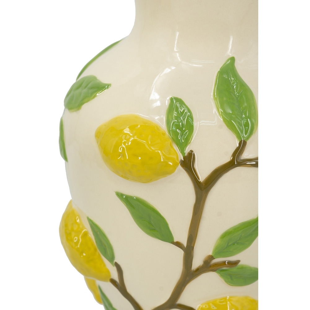 9x9x12.5" White Ceramic Vase with Vibrant Yellow Lemon Accents