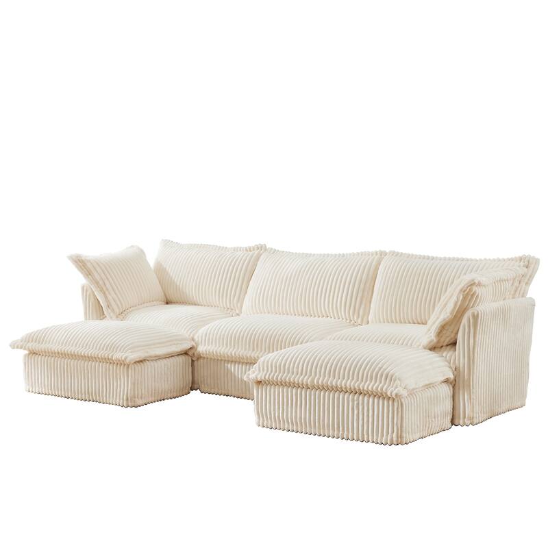 120" Corduroy U-Shape 3-Seater Sectional Sofa with Removable Slipcover, French Edge Design and Cloud-Like Cushions