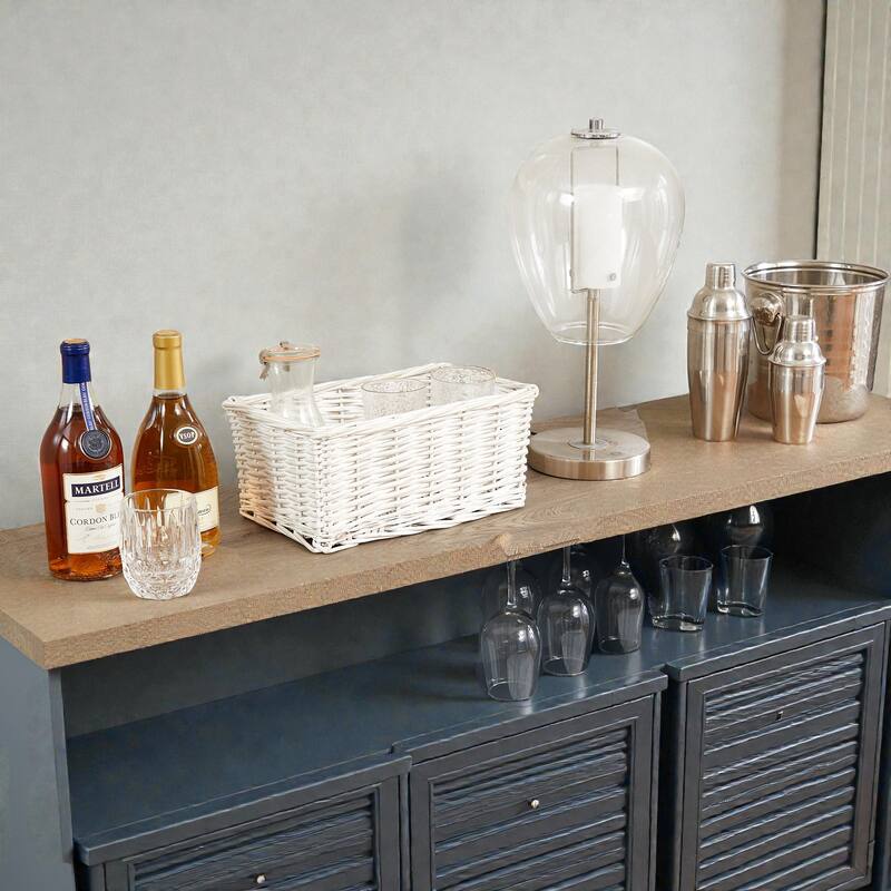 Modern Farmhouse Buffet Cabinet with Glass Doors, 2 Drawers, Wine Rack and Coffee Bar Storage, Light Blue and Light Oak