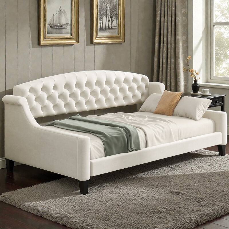 Modern Luxury Tufted Button Twin Daybed, Upholstered Sofa Bed with Wood Frame and Slats, No Box Spring Needed
