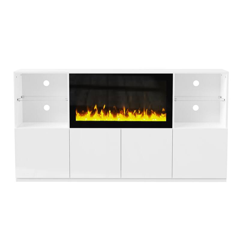 Modern High Gloss TV Stand with 34.2" Non-heating Electric Fireplace, LED Lighting for TVs up to 75"