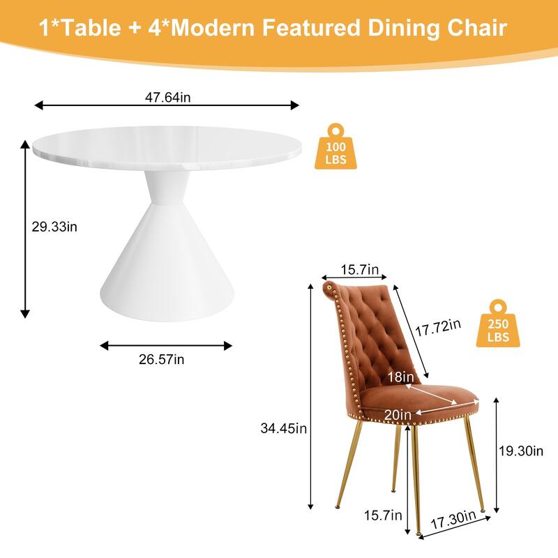 48" Light Luxury White High Gloss Large Countertop Dining Table with Velvet Dining Chair Set