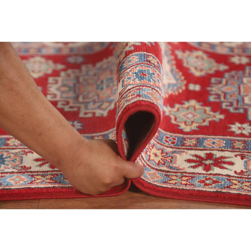 Geometric Red Kazak Runner Rug Hallway Hand-Knotted Wool Carpet - 2'7" x 8'0"