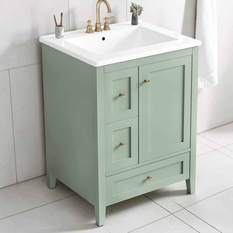 24 Inch Bathroom Vanity with Sink, Storage Cabinet with Drawers Adjustable Shelf Freestanding Vanity - Green