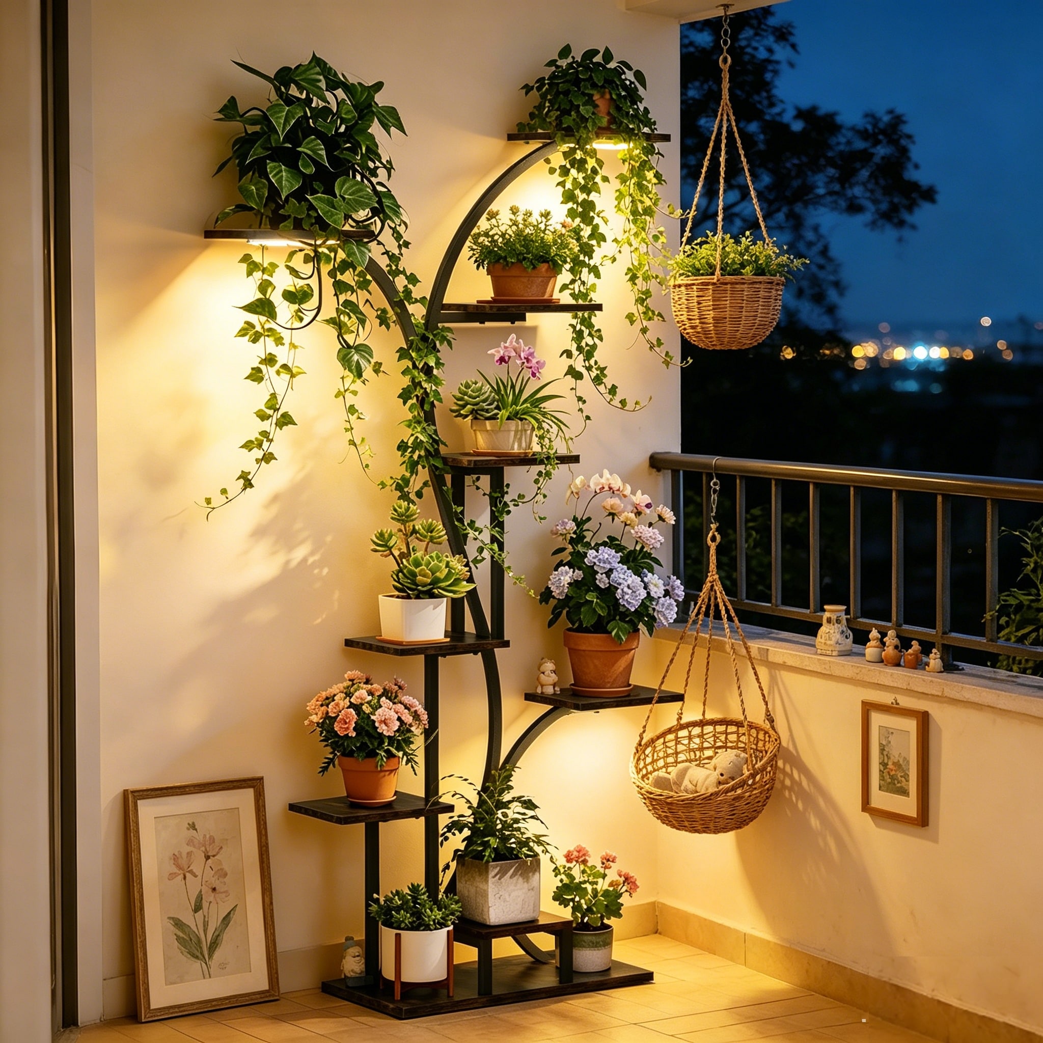 Industrial Tree-Shaped Plant Stand Display Rack Corner Flowers Holder with LED with Grow Light