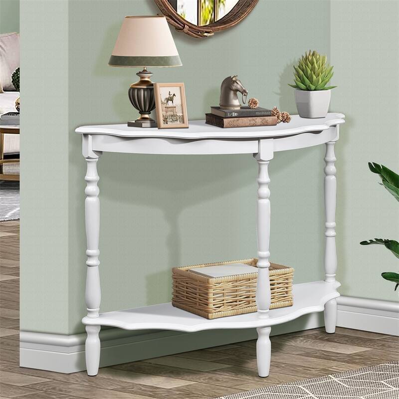 42" Wood Circular Curved Console Table with Open Shelf and Legs - Milk White