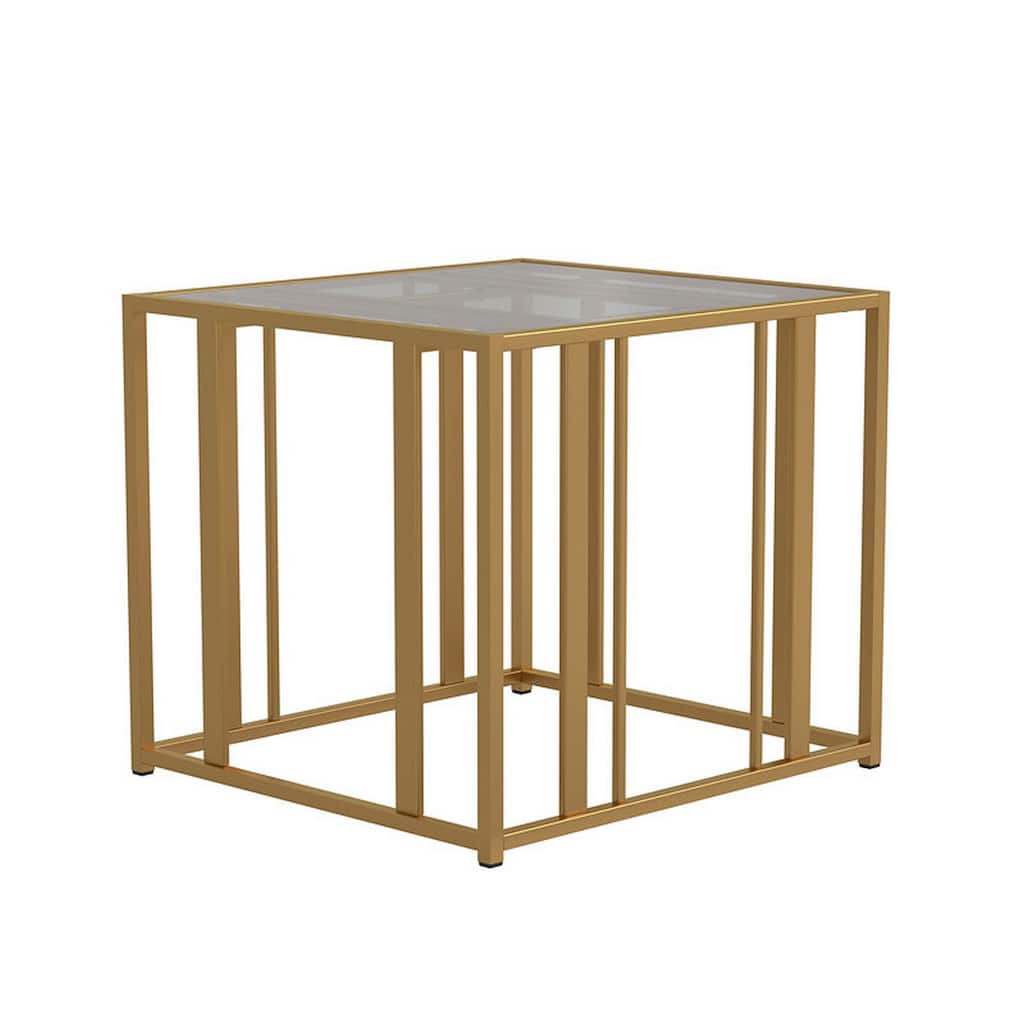Glass Top End Table with Metal Tubular Base, Brass
