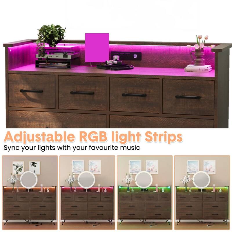 8 Drawer Wood Dresser, with Power Outlet and LED Lights
