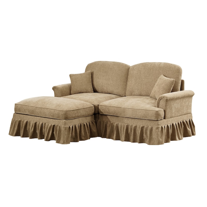 76.4" L Shaped 2-Seat Sectional Sofa, Chenille Couch with Ottoman, Flared Arms Loveseat with Removable Ruffles Pleats Skirts