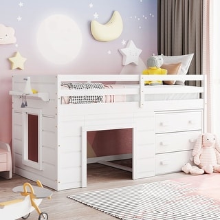 Versatility Twin Size Loft Bed Wooden Kids Bed with Cabinet,Three Storage Drawers,Guardrail and Shelf