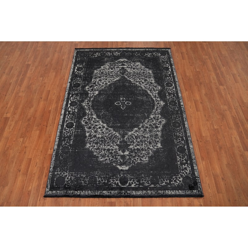 Machine Made Oriental Polyester Carpet Traditional Medallion Black Tabriz Area Rug - 7' 5'' X 5' 2''