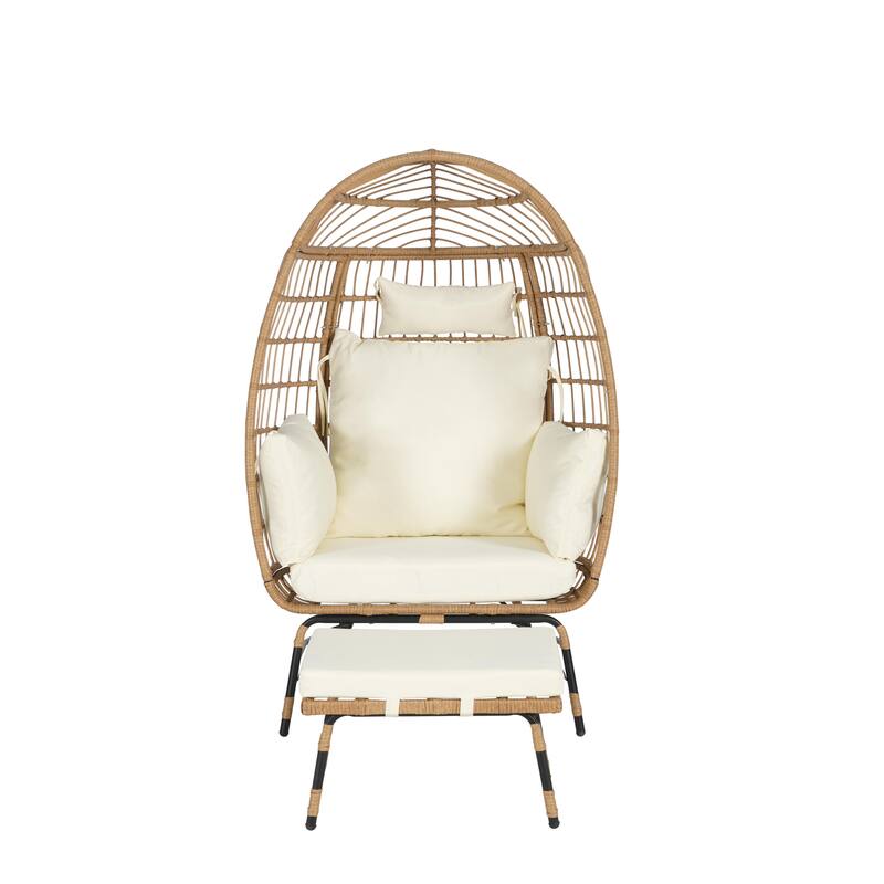 2-Piece Oversized Outdoor Rattan Wicker Egg Chair with Ottoman