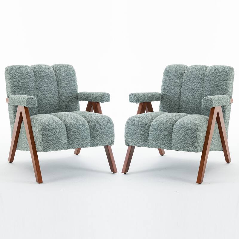 Mid Century Modern Accent Chair, Chenille Armchair with Solid Wood Legs, Channel Tufted Comfy Reading Chair for Living Room - Set-of-2-Sage