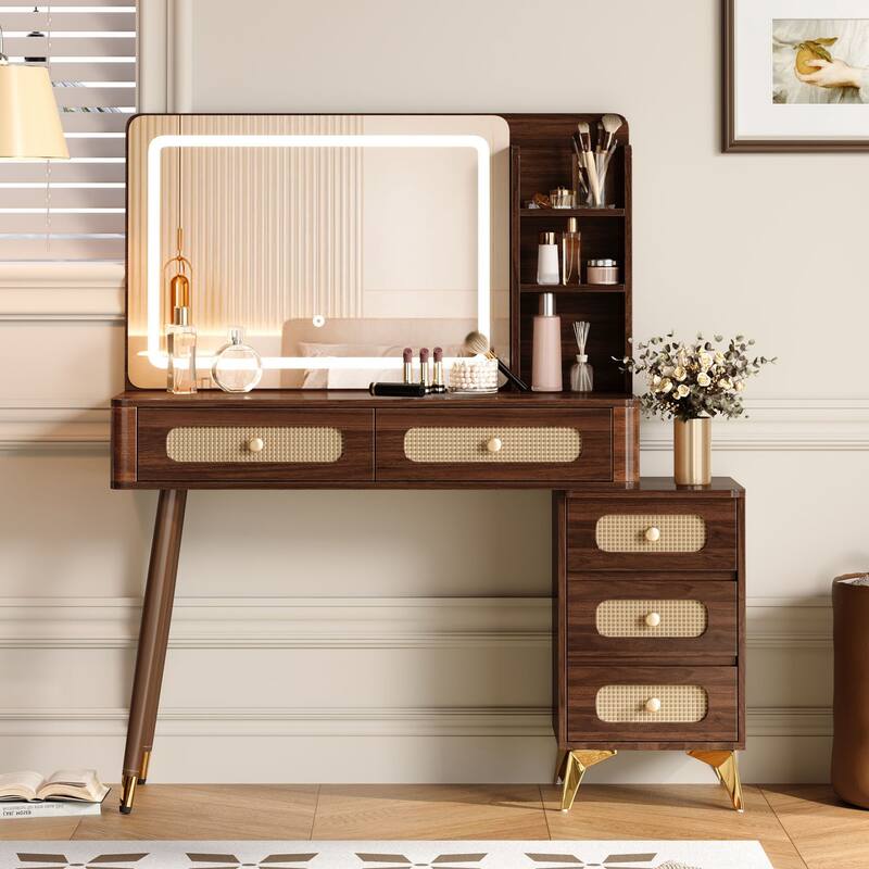 Retro Rattan Makeup Vanity Desk with 5 Drawers and Storage Shelf, Dressing Table with Rectangular Mirror and Touch Light