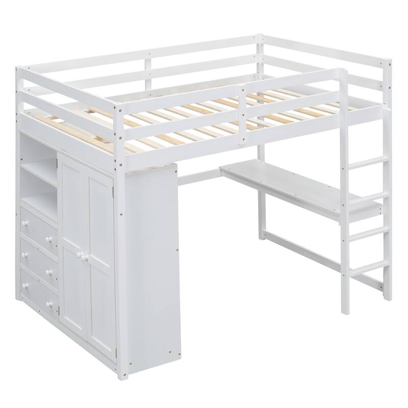 Full Size Loft Bed with Wardrobe, Desk, Storage Shelves, and Drawers in White
