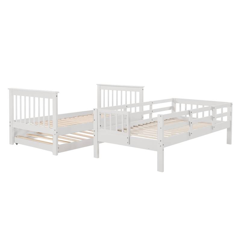 Twin Over Twin Bunk Bed with Trundle, Detachable Wood Triple Bedframe
