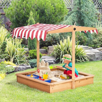 Kids Wooden Sandbox, Children Sand Play Station Outdoor, with Adjustable Height Cover