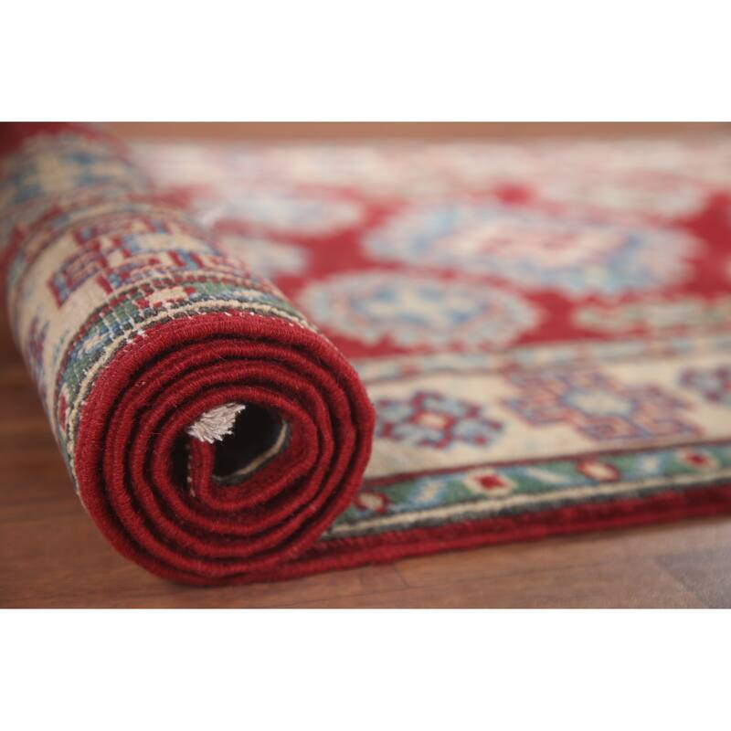 Hand Knotted Oriental 100% Wool Carpet Traditional Geometric Red Kazak Runner Rug - 6' 8'' X 2' 8''