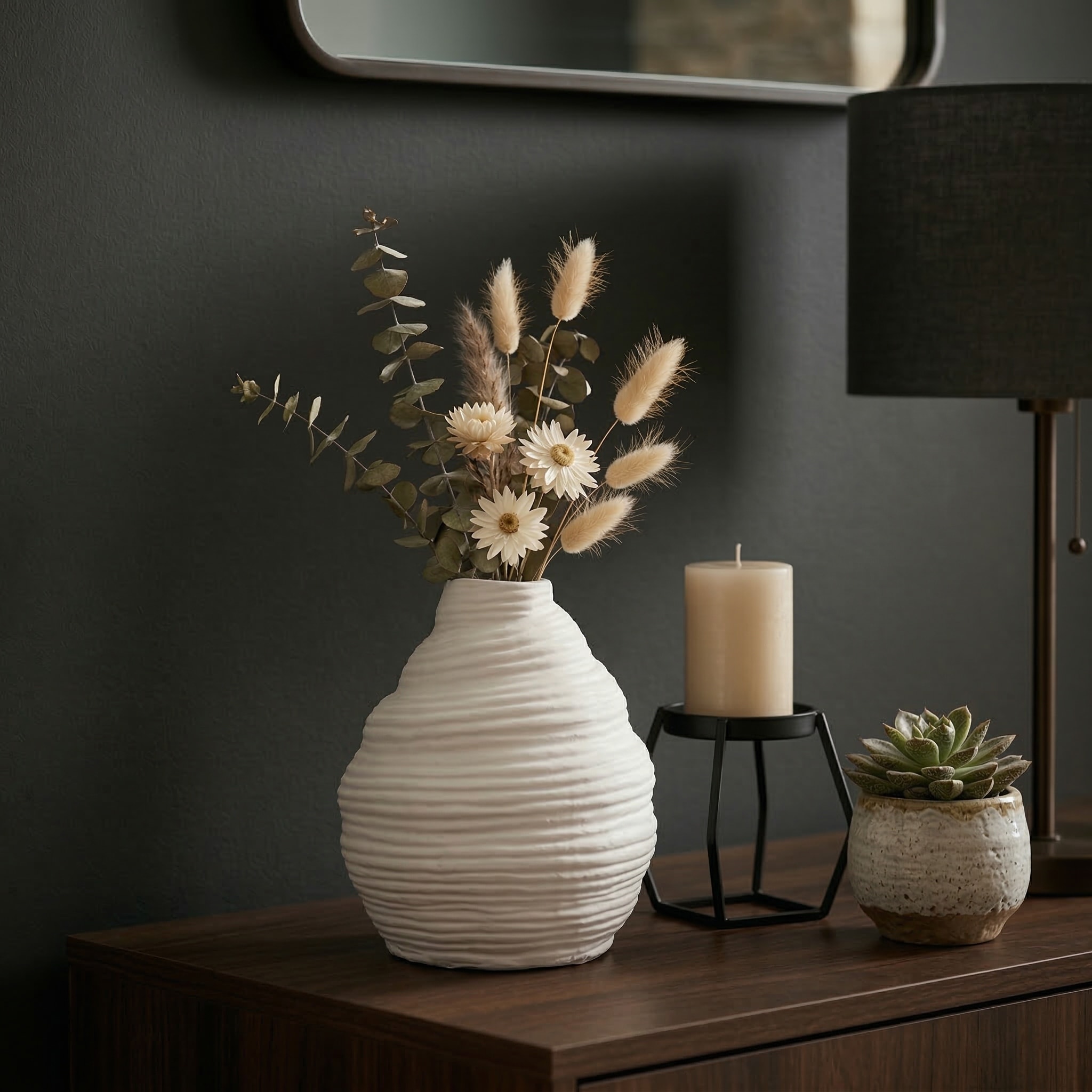 Decorative Layered Textured Terracotta Table Vase - White