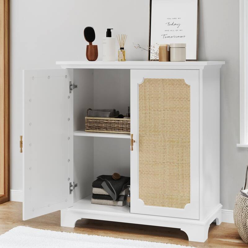 Roomfitters Coastal Storage Cabinet with Rattan Decorated Doors, Boho Sideboard Organizer with Adjustable Shelf, White