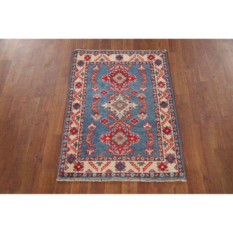 Blue Geometric Kazak Oriental Foyer Rug Handmade Wool Carpet - 2'1" x 2'10"