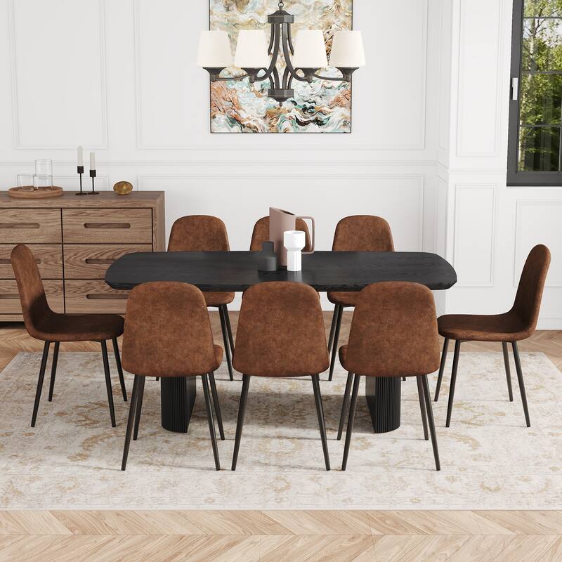 9-Piece Dining Table Set. 67 * 35.4 inch black wood grain MDF dining table With 8 Comfortable Technology-Fabric Chairs