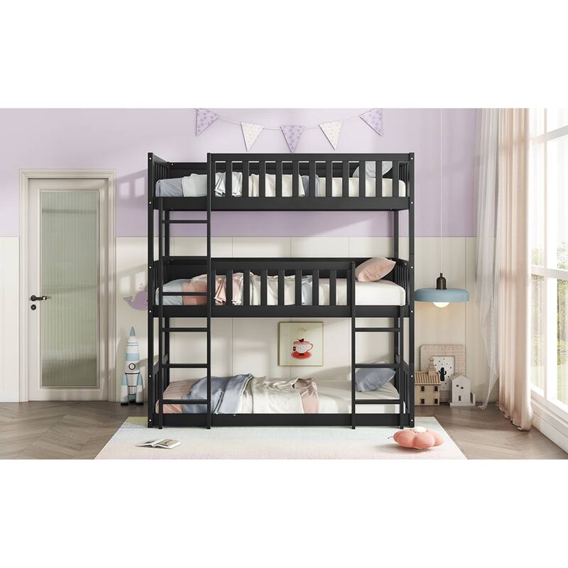 Roomfitters Twin Triple Bunk Bed, Rubber Wood Detachable Design with Ladders and Guardrails, Twin over Twin over Twin