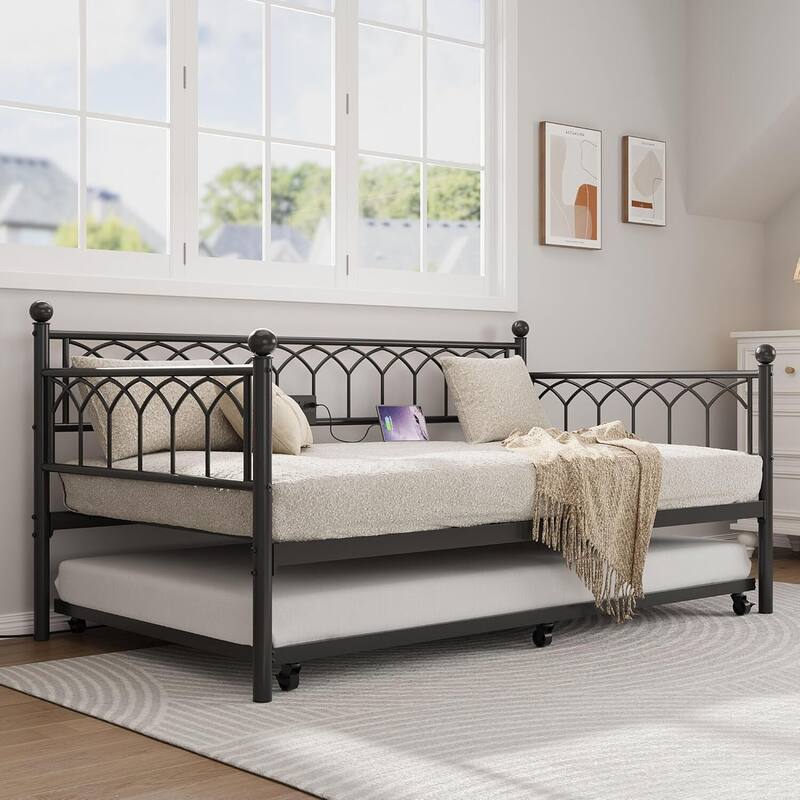 Heavy Duty Daybed, Twin Size Platform Sofa Bed Frame Set with Charging Station