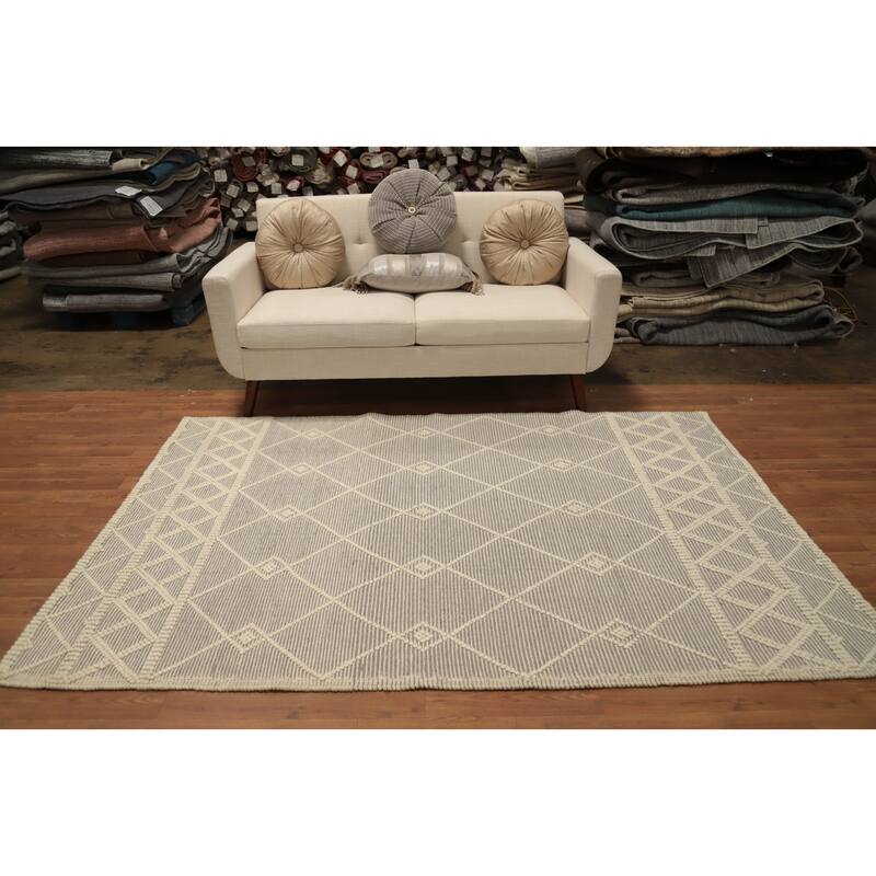Hand Knotted Oriental 100% Wool Carpet Modern Geometric Greys & Charcoal Modern Gotti Design Area Rug - 7' 3'' X 5' 0''