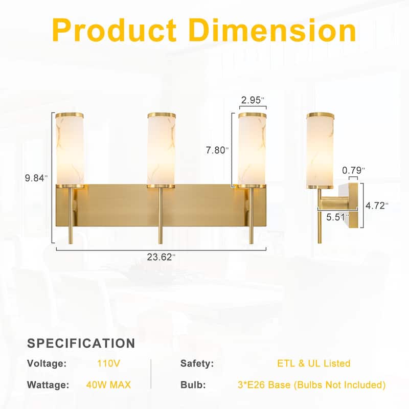 3-Light Gold Vanity Light Cylindrical Marble Crackle Glass Shades