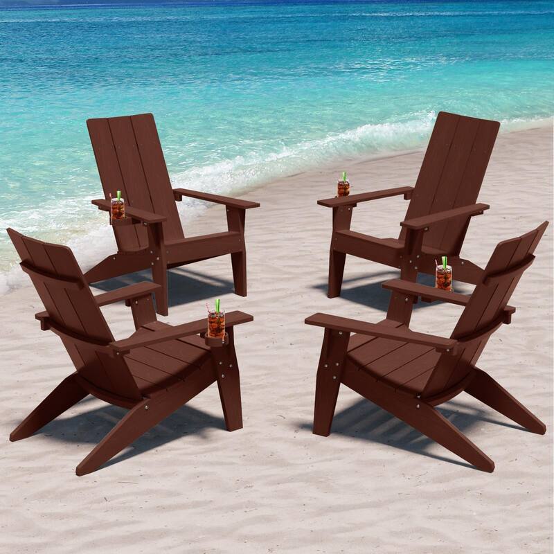 WINSOON All-Weather HIPS Outdoor Adirondack Chairs with Cup Holder Set Of 4 - Coffee