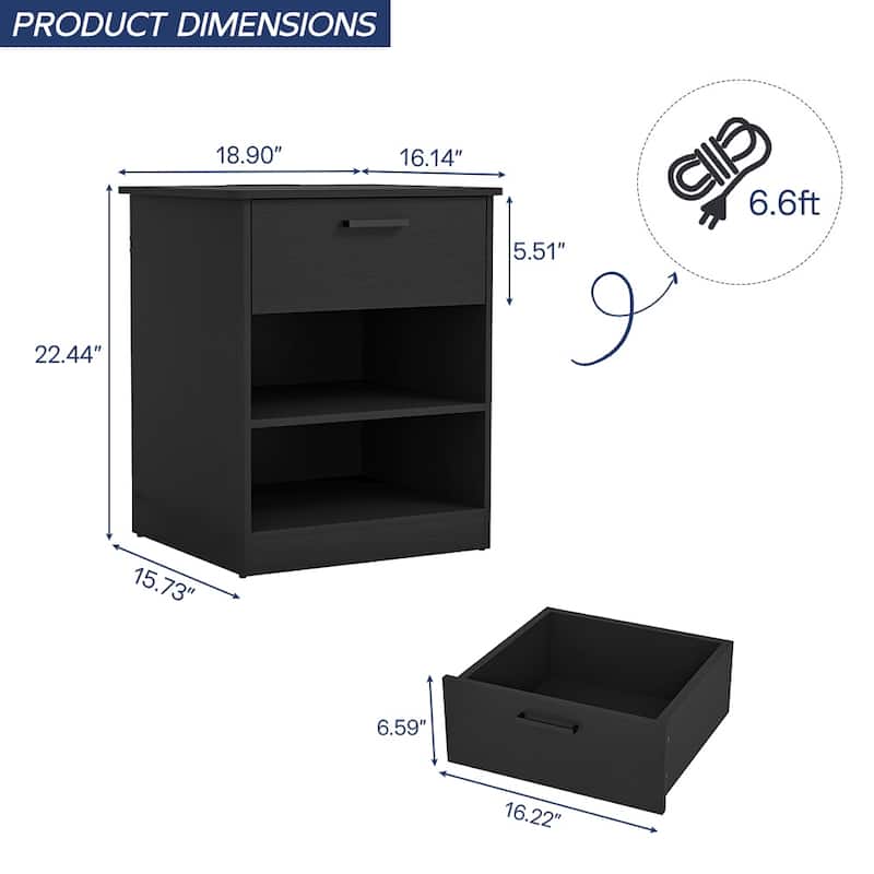 Nightstand with Charging Station,2 USB,Type C,Drawer,Adjustable Shelf