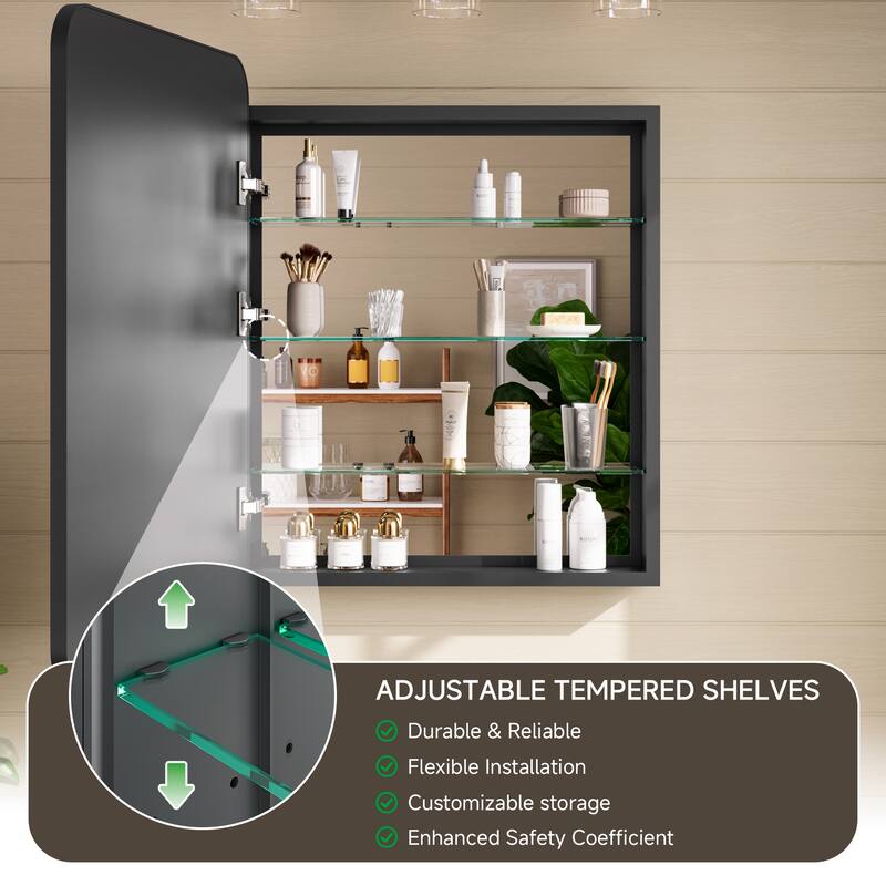 24x32 in Black Framed Mirrored Medicine Cabinet, Recessed/Surface Mount, Adjustable Tempered Shelves, Fully Assembled