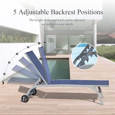 5-Position Adjustable Outdoor Lounge Chair Set of 2, Rust-resistant Reclining Chairs with Wheels and Breathable Fabric