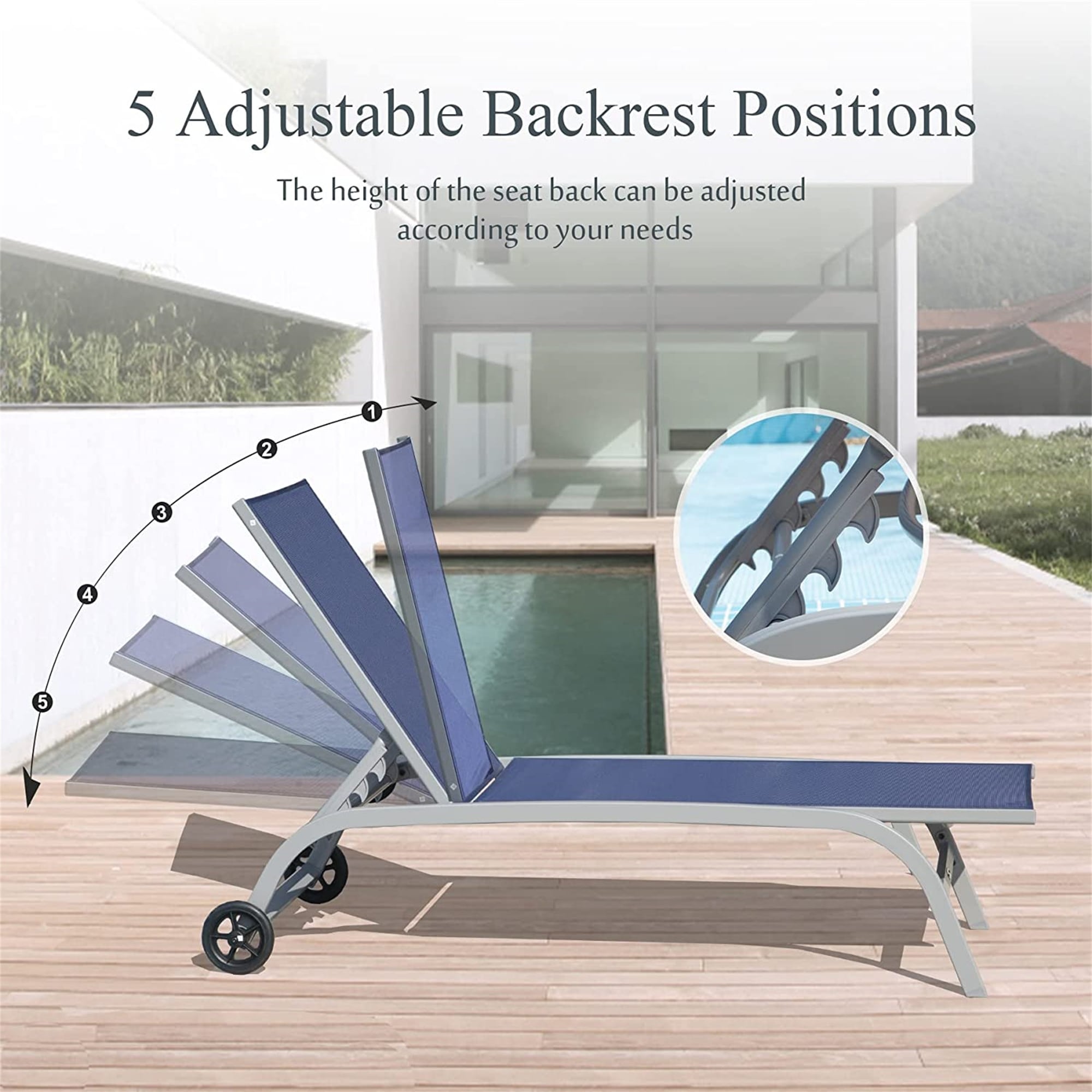 5-Position Adjustable Outdoor Lounge Chair Set of 2, Rust-resistant Reclining Chairs with Wheels and Breathable Fabric