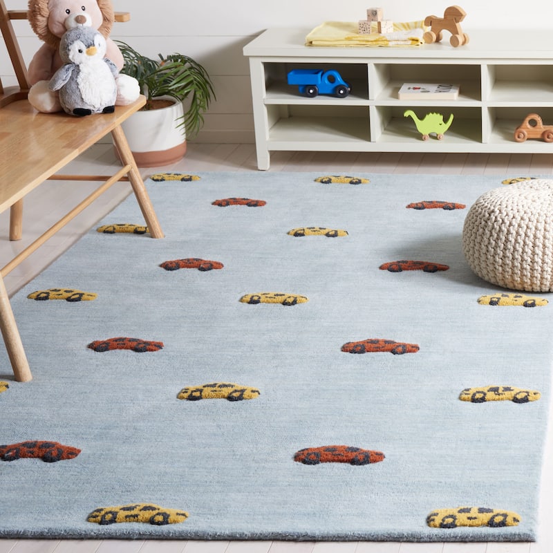 SAFAVIEH Handmade Kids Reina Cars Wool Rug - 3' x 5' - Light Blue/Yellow