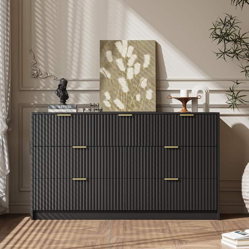 7 Drawer Dresser Fluted Wood Clothes Storage Cabinet, Modern Wide Dresser for Bedroom