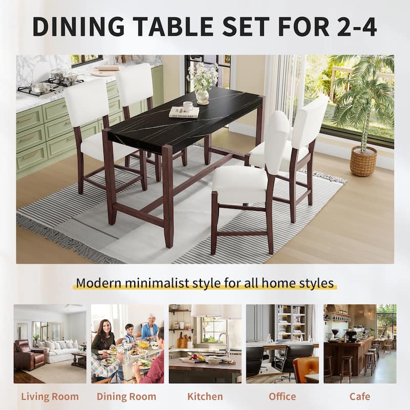 5-Piece Counter Height Dining Table Set, Faux Marble Bar Table And 4 Upholstered-Seat Chairs, Mid-Century Modern Dining Set