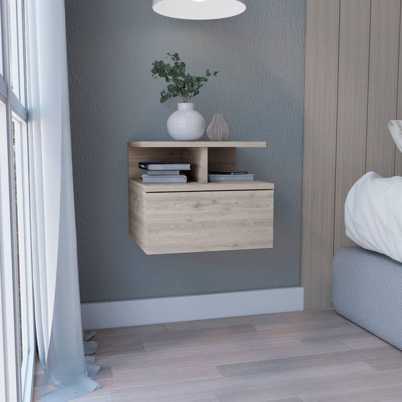 Wall-Mounted Floating Nightstand with Single Drawer and 2-Tier Shelf, Light Gray - Gray