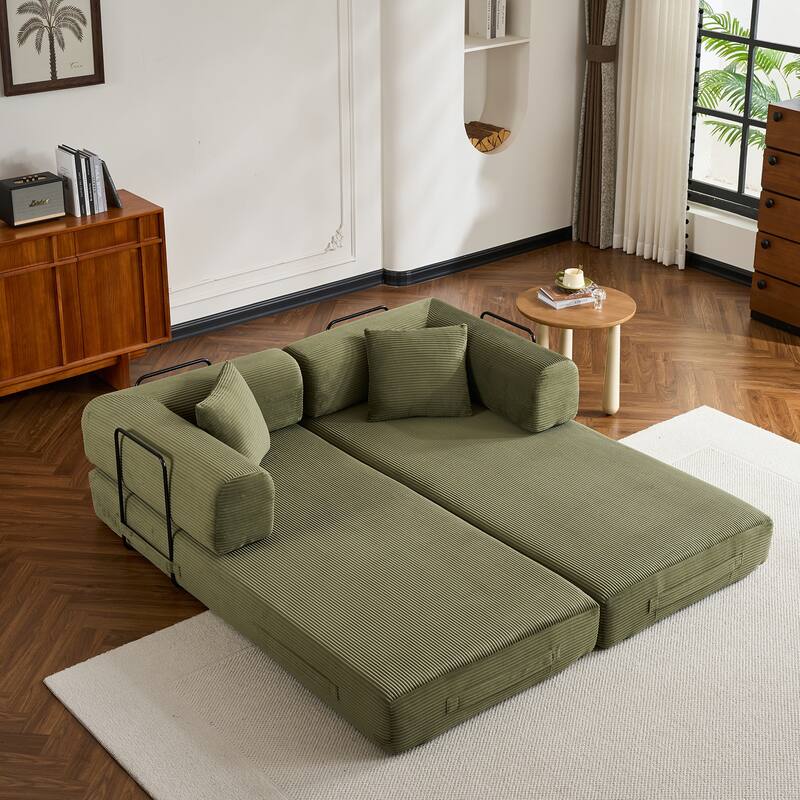 Convertible Sleeper Sofa Bed with Cylindrical Pillow, Corduroy Folding Mattress Couch with Fixed-Shape Frame